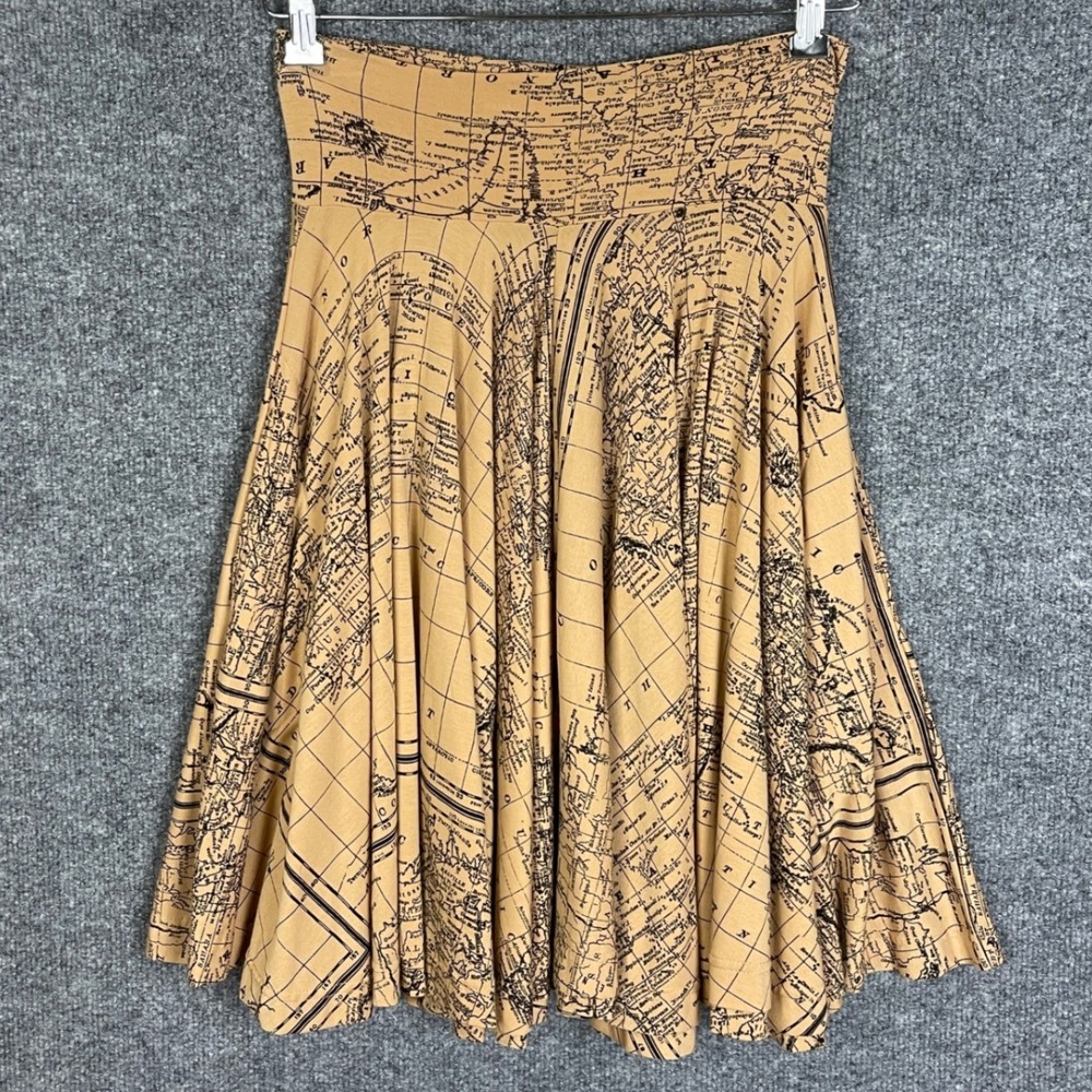 Effie's Heart Skirt Women S Tan Excellent Map Print High Waist A-Line Jersey